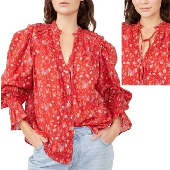 Free People Meant To Be Top Oversized Sleeve Floral Hot Red Combo Blouse size XS - Picture 1 of 8
